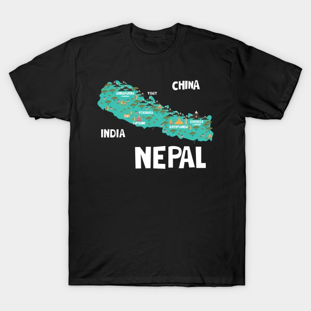 Nepal Illustrated Map T-Shirt by JunkyDotCom